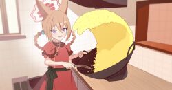  1girl aged_down animal_ears aventador blue_archive braid braided_hair_rings brown_hair cooking dress flipping_food food fox_ears fried_rice fried_rice_prank_(meme) hair_between_eyes hair_rings halo highres holding holding_spatula indoors kitchen looking_at_viewer meme open_mouth puffy_short_sleeves puffy_sleeves red_dress red_halo rumi_(blue_archive) rumi_(small)_(blue_archive) short_sleeves smile solo spatula violet_eyes wok 