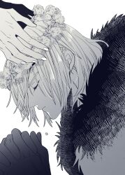  1boy arms_up closed_eyes closed_mouth commentary_request dimitri_alexandre_blaiddyd fire_emblem fire_emblem:_three_houses fur_trim greyscale hair_behind_ear hair_over_one_eye head_wreath highres male_focus monochrome one_eye_covered out_of_frame own_hands_clasped own_hands_together profile simple_background solo upper_body white_background wokome 