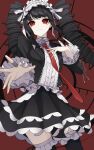  1girl absurdres bangs black_hair black_skirt black_thighhighs bonnet celestia_ludenberg center_frills closed_mouth collared_shirt danganronpa:_trigger_happy_havoc danganronpa_(series) drill_hair frilled_skirt frills gothic_lolita hand_up highres jacket layered_skirt lolita_fashion long_hair long_sleeves looking_at_viewer miik_(xhsa3585) open_clothes open_jacket red_background red_eyes shirt shirt_tucked_in skirt smile solo thigh-highs twin_drills twintails white_shirt 