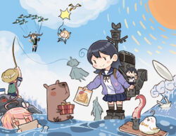  ahoge aircraft airplane akebono_(kancolle) beaver bird blue_sailor_collar blue_skirt blue_sky bottle cardigan chibi clouds colorado_(kancolle) day dual_persona fishing_rod fusou_(kancolle) gift i-58_(kancolle) kantai_collection long_hair machinery message_in_a_bottle mouse_(animal) northern_ocean_princess outdoors periscope plank pleated_skirt purple_cardigan saiguchi_otoufu sailor_collar school_uniform seagull serafuku skirt sky spot_the_differences sun surfing tentacles tone_(kancolle) ushio_(kancolle) yamashiro_(kancolle) 