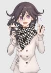 1boy ahoge black_hair buttons chain character_doll checkered_clothes checkered_scarf danganronpa_(series) danganronpa_v3:_killing_harmony doll drawstring excited formal happy heart highres holding holding_doll looking_at_viewer male_focus open_mouth ouma_kokichi pinstripe_pattern pinstripe_suit purple_hair rosemary10119 saihara_shuuichi scarf short_hair solo standing straitjacket striped suit violet_eyes wavy_hair white_background 