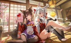 amagi-chan_(azur_lane) asanagi_(azur_lane) azur_lane fox_ears long_hair multiple_girls smoking_pipe