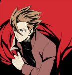  1boy bangs black_shirt brown_eyes brown_hair closed_mouth commentary_request hair_between_eyes hand_up jacket lance_(pokemon) long_sleeves male_focus mocollie pokemon pokemon_adventures red_background shirt short_hair solo spiky_hair turtleneck upper_body 