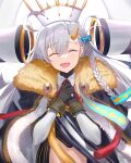  1girl antenna_hair ascot bangs black_cape black_gloves braid cape closed_eyes commentary_request earrings fate/grand_order fate_(series) fur-trimmed_cape fur_trim gloves grey_hair hair_between_eyes hat highres horns jewelry long_hair neko_daruma olga_marie_animusphere open_mouth own_hands_together red_ascot ring single_horn smile solo u-olga_marie very_long_hair white_headwear yellow_horns 