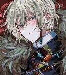  1boy bead_necklace beads black_jacket blonde_hair blue_eyes closed_mouth clothing_request eichi_turnr ensemble_stars! expressionless fur-trimmed_jacket fur_trim jacket jewelry long_sleeves looking_at_viewer male_focus necklace red_background short_hair solo tenshouin_eichi 