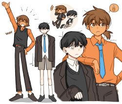  2boys antenna_hair black_eyes black_sweater_vest brown_eyes closed_mouth dark-skinned_male dark_skin grin hairband kel_(faraway)_(omori) kel_(omori) multiple_boys necktie omori shirt shorts smile socks spoilers sunny_(omori) sweater_vest thought_bubble ud01f white_socks 