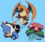  blastoise blue_background bright_pupils brown_eyes charizard claws commentary_request fangs flame-tipped_tail green_eyes looking_at_viewer no_humans open_mouth pokemon pokemon_(creature) red_eyes sagemaru-br signature simple_background tongue venusaur 