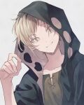  1boy adjusting_hood bangs brown_shirt circle closed_mouth collarbone commentary cross-laced_clothes fingernails hair_over_one_eye hand_up highres hood hood_up hoodie kagerou_project kano_shuuya light_brown_hair limited_palette looking_at_viewer making-of_available male_focus mekakucity_actors mokemoke_chan open_clothes print_hoodie shirt short_hair simple_background smile two-sided_fabric two-sided_hoodie two-tone_hoodie upper_body wavy_mouth white_hoodie yellow_eyes 