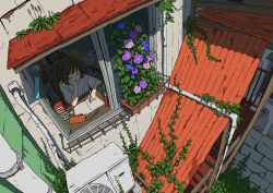  1girl absurdres alleyropolis arms_on_table bed blue_flower book book_stack bookshelf brown_hair building closed_eyes closed_mouth commentary_request condenser_unit corrugated_galvanized_iron_sheet cup curtains day desk_lamp eraser flower from_outside hand_on_own_cheek hand_on_own_face highres holding holding_pen industrial_pipe lamp medium_hair morning_glory mug notebook on_chair open_window original outdoors pen pencil_case pink_flower plant purple_flower scenery scissors shirt sitting solo stairs t-shirt tank_(container) vines wide_shot wind_chime window writing 