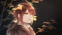  1boy black_background brown_cape cape hair_between_eyes imonosato leaf male_focus open_mouth plant portrait redhead saihate_no_paladin shadow shirt short_hair solo white_shirt william_g_maryblood yellow_eyes 