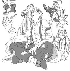  1girl bow collared_shirt crossed_legs expressionless fire frown fujiwara_no_mokou greyscale hair_bow hands_on_floor highres long_hair long_sleeves mero_(starfish_jcs) monochrome pants shirt shoes sidelocks simple_background sitting solo suspenders touhou very_long_hair white_background 