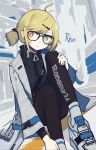  1girl absurdres ahoge bangs black-framed_eyewear black_pantyhose blonde_hair blue_eyes character_name dress english_text expressionless girls&#039;_frontline_neural_cloud girls_frontline glasses hair_ornament hairclip heterochromia highres labcoat long_sleeves mg36_(girls&#039;_frontline) multicolored_eyes on_floor open_labcoat pantyhose papaia_(quentingqoo) red_eyes ribbed_dress rise_(girls&#039;_frontline_nc) shoes short_hair sitting socks solo twintails white_footwear white_socks yellow_eyes 