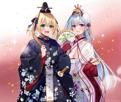  2girls anisphia_wynn_palettia blonde_hair euphyllia_magenta green_eyes grey_hair hand_fan hat hinamatsuri japanese_clothes karaginu_mo kimono long_hair multiple_girls official_art ritual_baton short_hair smile sword tate_eboshi tensei_oujo_to_tensai_reijou_no_mahou_kakumei violet_eyes weapon 