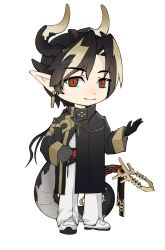  1boy arknights black_coat black_hair blonde_hair chibi chibi_only chong_yue_(arknights) closed_mouth coat earrings full_body green_eyes hair_intakes high_collar highres horns jewelry long_hair long_sleeves looking_at_viewer male_focus multicolored_hair orange_eyes pants pointy_ears puxiabcde_(zhu_mu_zhi) shoes simple_background solo standing streaked_hair tail white_background white_footwear white_pants 