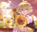  1boy basil_(omori) blonde_hair blue_eyes blush brown_shorts flower hair_flower hair_ornament highres holding holding_flower kneehighs looking_at_viewer omori open_mouth outdoors parted_lips shirt short_sleeves shorts sitting smile socks solo sunflower sunset white_shirt white_socks zs_zealsummer 