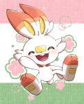  :d ^_^ artist_name blush closed_eyes commentary_request flower_(symbol) full_body green_background happy multicolored_background no_humans open_mouth pink_background pokemon pokemon_(creature) saki_pokeoekaki scorbunny simple_background smile teeth twitter_username upper_teeth_only white_background 