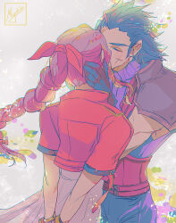  1boy 1girl aerith_gainsborough armor arms_behind_back bangle belt black_hair blue_sweater bracelet braid braided_ponytail brown_hair closed_eyes couple crisis_core_final_fantasy_vii cropped_jacket cross_scar dress earrings final_fantasy final_fantasy_vii final_fantasy_vii_remake floral_background from_behind hair_ribbon hair_slicked_back hands_on_another&#039;s_head jacket jewelry kiss kiss_day light_blush miyukiko multiple_belts pink_dress pink_ribbon red_jacket ribbed_sweater ribbon scar scar_on_cheek scar_on_face short_sleeves shoulder_armor sidelocks signature sleeveless sleeveless_turtleneck spiky_hair stud_earrings suspenders sweater turtleneck turtleneck_sweater upper_body zack_fair 