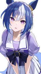  1girl animal_ears blue_hair bow bowtie braid cesario_(umamusume) crown_braid hair_between_eyes highres horse_ears horse_girl horseshoe_ornament looking_at_viewer multicolored_hair oramustat puffy_short_sleeves puffy_sleeves purple_bow purple_bowtie purple_shirt sailor_collar sailor_shirt school_uniform shirt short_hair short_sleeves simple_background solo tracen_school_uniform two-tone_hair umamusume violet_eyes white_background white_hair 