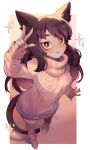  1girl animal_ears arm_at_side arm_up bangs blush body_fur border breasts bright_pupils brown_hair camooh cat_ears cat_girl cat_tail closed_mouth commentary commission cross-laced_footwear english_commentary facial_mark from_above full_body furry furry_female grey_fur happy highres long_hair long_sleeves looking_at_viewer medium_breasts orange_background original outside_border pink_footwear red_eyes shoes sidelocks smile socks solo sparkle standing sweater tail turtleneck turtleneck_sweater w whisker_markings white_border white_pupils white_socks white_sweater 
