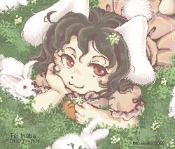  1girl :3 animal_ears arm_support brown_hair carrot_necklace closed_mouth dress frilled_sleeves frills hand_on_own_chin inaba_tewi jewelry looking_at_viewer lowres mcworks medium_hair necklace oekaki on_grass outdoors pink_dress puffy_short_sleeves puffy_sleeves rabbit rabbit_ears rabbit_girl rabbit_tail red_eyes short_sleeves solo tail touhou white_rabbit_(animal) 