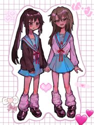  2girls :d blue_sailor_collar blue_skirt blush brown_cardigan brown_footwear brown_hair cardigan commentary_request full_body genderswap genderswap_(mtf) heart highres holding_hands interlocked_fingers kita_high_school_uniform koizumi_itsuki_(female) kyonko loafers long_hair long_sleeves looking_at_viewer loose_socks multiple_girls open_cardigan open_clothes open_mouth ponytail red_ribbon ribbon sailor_collar school_uniform serafuku shoes sidelocks skirt smile socks standing suzumiya_haruhi_no_yuuutsu takos_meshi tongue white_socks winter_uniform 