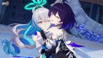  2girls armor bangs bare_shoulders blue_hair bronya_zaychik bronya_zaychik_(herrscher_of_truth) closed_eyes closed_mouth drill_hair eyebrows_hidden_by_hair flower grey_eyes grey_hair hair_flower hair_ornament halo highres honkai_(series) honkai_impact_3rd hug logo looking_at_another multicolored_hair multiple_girls official_art official_wallpaper one_eye_closed open_mouth seele_vollerei seele_vollerei_(stygian_nymph) smile white_armor yuri 