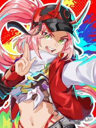  1girl artist_name asymmetrical_sleeves baseball_cap black_hat black_shorts bridal_gauntlets crop_top fishnet_bridal_gauntlets fishnet_top fishnets graffiti green_eyes hat hat_horns high_collar highres honkai:_star_rail honkai_(series) horned_hat jacket long_hair long_sleeves looking_at_viewer midriff multicolored_background navel ninja pink_hair ponytail rappa_(honkai:_star_rail) red_jacket shiro_boom shirt shorts solo standing stomach streetwear tied_shirt uneven_sleeves very_long_hair white_shirt wrist_belt y2k_fashion 