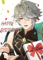  1boy :d alhaitham_(genshin_impact) antenna_hair black_gloves black_shirt bow box cable cape chest_jewel commentary_request confetti elbow_gloves gem genshin_impact gift gift_box gloves gold_trim green_cape green_eyes green_gemstone grey_hair hair_over_one_eye hand_up happy_birthday headphones highres holding holding_gift looking_at_viewer male_focus open_mouth outstretched_hand parted_bangs partially_fingerless_gloves pectorals red_bow shiraiyu327 shirt short_hair sidelocks simple_background sleeveless sleeveless_shirt smile solo swept_bangs upper_body white_background 