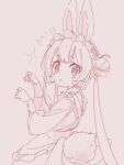  1girl :&lt; animal_ears apron bangs blush_stickers brown_background closed_mouth commentary copyright_request double_bun dress frilled_apron frills from_side hair_bun hands_up highres jigatei_(omijin) long_hair looking_at_viewer looking_to_the_side monochrome rabbit_ears rabbit_girl rabbit_tail short_eyebrows simple_background solo sparkle tail thick_eyebrows twintails very_long_hair 