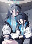  &lt;key&gt;_(blue_archive) 2girls absurdly_long_hair absurdres aris_(blue_archive) bangs black_hair blue_archive collared_shirt commentary crying crying_with_eyes_open hair_between_eyes hair_ornament hairband halo highres holding_hands hood hooded_jacket jacket ka_keo long_hair long_sleeves looking_at_another multiple_girls necktie one_side_up pleated_skirt school_uniform shirt siblings sidelocks sitting skirt streaming_tears tears twins unconscious very_long_hair violet_eyes zipper 