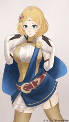  1girl blonde_hair blue_eyes cape circlet corset fire_emblem fire_emblem_warriors flower flower_hairpin frilled_skirt frills gloves gold_circlet gold_tiara hair_flower hair_ornament hairpin highres kaden08mm lianna_(fire_emblem) sash short_hair skirt sunflower sunflower_hair_ornament thigh-highs thigh_strap thighs tiara 