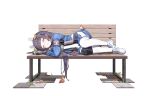  1girl absurdres bangs bench bird black_hair blue_archive blush bolt_action commentary di_le_to full_body gun highres knee_pads leaf long_hair miyu_(blue_archive) mosin-nagant object_hug open_mouth pantyhose rifle school_uniform shoes sleeping solo weapon white_background 