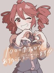  1girl ahoge black_sleeves blush breast_pocket buttons collared_shirt detached_sleeves double-parted_bangs drill_hair grin hair_between_eyes heart heart_hands highres kasane_teto looking_at_viewer one_eye_closed ontama_carbonara pleated_skirt pocket red_eyes red_trim redhead shirt skirt sleeveless sleeveless_shirt smile solo translation_request twin_drills upper_body utau wing_collar 