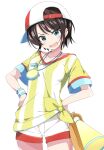  1girl aqua_eyes backwards_hat bangs baseball_cap black_hair cowboy_shot hat hololive ixy light_blush loose_clothes loose_shirt megaphone oozora_subaru open_mouth oversized_clothes oversized_shirt red_headwear shirt short_hair short_sleeves shorts simple_background solo stopwatch striped striped_shirt sweatband swept_bangs t-shirt tied_shirt two-tone_headwear two-tone_shirt vertical-striped_shirt vertical_stripes virtual_youtuber whistle white_background white_headwear white_shirt white_shorts wristband yellow_shirt yellow_towel 