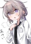  1girl absurdres black_necktie blush collared_shirt commentary_request girls_frontline grey_hair hair_between_eyes highres hot long_sleeves m200_(girls&#039;_frontline) messy_hair necktie open_mouth pony rotroto shirt simple_background solo sweat translation_request upper_body violet_eyes white_background white_shirt 