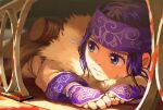  1girl ainu_clothes artist_name asirpa blue_eyes closed_mouth colored_eyelashes earrings golden_kamuy headband hiding jewelry long_sleeves looking_back lying medium_hair nekosoul_kobo on_stomach purple_hair purple_headband solo 