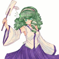  1girl armpits bare_shoulders blue_skirt collared_shirt detached_sleeves frog_hair_ornament gohei green_eyes green_hair hair_ornament headband highres holding holding_gohei kochiya_sanae long_skirt open_mouth seacatscrying shirt skirt snake_hair_ornament solo touhou wavy_hair white_background 