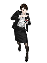  1girl absurdres black_footwear black_pantyhose black_skirt black_suit blush brown_hair fidget_spinner full_body green_eyes hand_up highres office_lady original pantyhose pencil_skirt sakamoto_giulietta shirt skirt solo standing suit white_shirt 