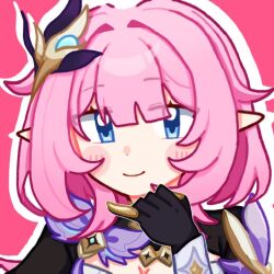  1girl black_gloves blue_eyes blush_stickers closed_mouth elf elysia_(honkai_impact) elysia_(miss_pink_elf)_(honkai_impact) gloves hair_ornament honkai_(series) honkai_impact_3rd looking_at_viewer pink_background pink_hair pointy_ears portrait smile solo woyongyuanxihuanailixiya82741 