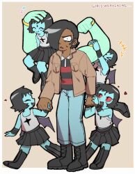  >_< 1boy 4girls aged_down akt_xp aqua_skin bindi black_hair boots border brown_jacket child clone commentary_request dark-skinned_male dark_skin demon_girl demon_hipster_chicks demon_wings full_body hair_over_one_eye happy heart highres jacket long_sleeves matthew_patel multiple_girls musical_note open_mouth pants red_eyes scott_pilgrim_(series) scott_pilgrim_takes_off shirt short_hair simple_background skirt striped_clothes striped_shirt sweatdrop white_border wings 