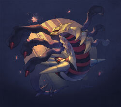  abstract_background animal_focus artist_name black_sclera blue_background colored_sclera commentary_request disintegration flower flower_request giratina giratina_(origin) glowing_flower hashibi_rokou looking_at_flowers lotus no_humans petals pink_flower pokemon pokemon_(creature) red_eyes slit_pupils solo tendrils_from_back tentacles turning_head 