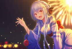  1girl :d aerial_fireworks alternate_costume back_bow backlighting blue_hair blue_kimono blurry blurry_background blush bow braid breasts commentary_request crown_braid eyelashes eyes_visible_through_hair fireworks hair_between_eyes hair_bun hair_ornament hand_up happy highres japanese_clothes kimono large_breasts leaning_forward lips long_hair long_sleeves looking_at_viewer night open_mouth outdoors red_bow red_eyes shootinghaze sidelocks single_hair_bun smile solo sorakado_ao straight_hair summer_pockets tsurime very_long_hair water_yoyo wide_sleeves x_hair_ornament yukata 