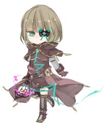  1boy aqua_butterfly arukas_nayu bob_cut boots brown_dress brown_footwear brown_gloves brown_hair closed_mouth crossdressing dot_mouth dress full_body gloves green_eyes gretel_(sinoalice) long_sleeves looking_at_viewer male_focus otoko_no_ko short_hair simple_background sinoalice solo white_background 