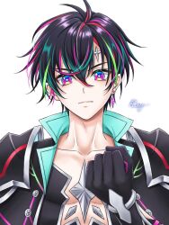  1boy alta_(shironeko_project) armor black_hair chest_jewel clenched_hand collared_jacket forehead_jewel highres jacket looking_at_viewer male_focus multicolored_eyes multicolored_hair ray_(ray_blue_illust) shironeko_project shoulder_armor solo streaked_hair 