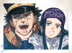  1boy 1girl arm_up asirpa black_hair black_hat blue_eyes blue_headband border brown_eyes commentary fur_trim golden_kamuy hair_intakes hand_on_another&#039;s_chin hat headband isshiki_(ffmania7) layered_sleeves looking_to_the_side patterned_clothing scar scar_on_face scarf short_hair side-by-side sideways_glance signature star_(symbol) sugimoto_saichi teeth upper_body white_border white_fur 