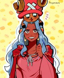  1boy 1girl absurdres antlers artist_name blue_hair brown_eyes commentary commission cross dress earrings hat highres horns huyandere jewelry light_blue_hair long_hair long_sleeves looking_at_viewer nefertari_vivi notice_lines on_head one_piece pink_dress pink_hat reindeer_antlers smile tony_tony_chopper upper_body yellow_background 