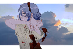  1girl anotsugini_kuruji blue_eyes blue_hair blue_sky brown_sash cherry_print clouds earrings food_print from_behind gotland_(kancolle) gradient_sky hair_between_eyes hair_bun half_up_braid highres japanese_clothes jewelry kantai_collection kimono looking_at_viewer mole mole_under_eye obi official_alternate_costume profile sash sky solo upper_body white_kimono 