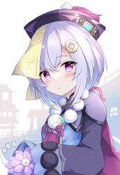  1girl :o absurdres bangs black_jacket blue_dress commentary_request cropped_jacket dress flower fuuna genshin_impact hair_between_eyes hair_ornament hat highres jacket long_sleeves looking_at_viewer ofuda parted_lips purple_flower purple_hair purple_headwear qing_guanmao qiqi_(genshin_impact) sleeves_past_fingers sleeves_past_wrists solo thick_eyebrows violet_eyes 