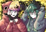  2boys akuma_shitsuji_to_kuroi_neko aqua_eyes bandaid bastien_kelly black_hair blonde_hair blue_jacket closed_mouth fingerless_gloves gloves green_hair hood hood_up hoodie jacket long_sleeves lono_fontaine looking_at_viewer male_focus matryoshka_(vocaloid) multicolored_hair multiple_boys popi_nohatake purple_hair red_hoodie short_hair short_hair_with_long_locks smile teeth violet_eyes yellow_background 