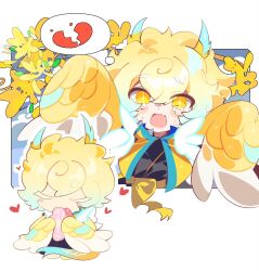  1boy blonde_hair blush_stickers child closed_eyes cookie_run cookie_run:_kingdom crying crying_with_eyes_open eating fang feathers food gradient_hair highres male_focus meat monster_boy multicolored_hair multiple_views open_mouth outstretched_arms short_hair shu_(pjxv7485) snake_tail soaring_snake_cookie tail tears yellow_eyes 